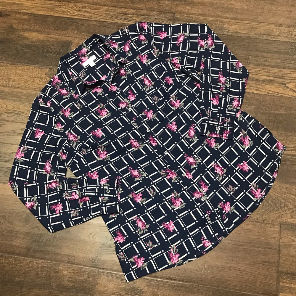 Charter Club Navy & Fushcia Floral Button Blouse